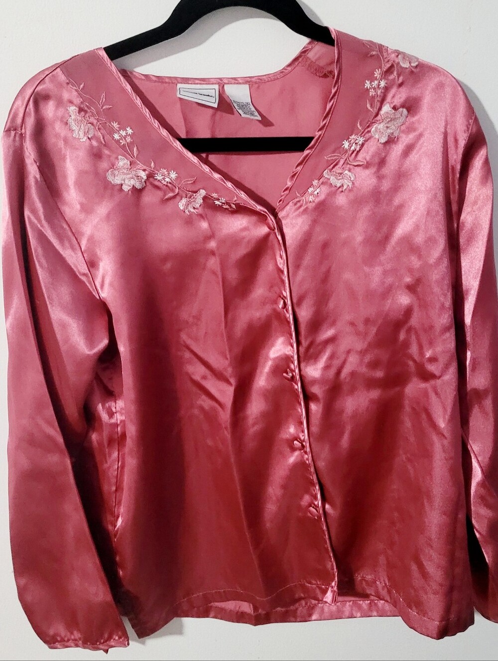 Bobbie Brooks Embroidered Pink Satin Pj Sleepwear Button Up Top Sz. M